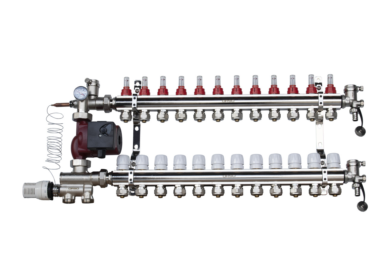 ORSO Комплект *Тепла підлога з нижнім підключенням ЛАТУНЬ+ХРОМ 12 контурів, фото 1