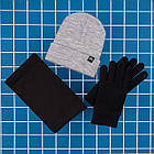 Чоловічий зимовий комплект 3в1 шапка бафф і рукавички сірий із чорним, фото 2