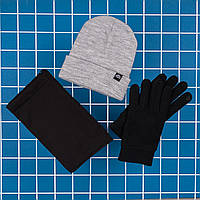 Мужской зимний комплект 3в1 шапка бафф и перчатки серый с черным