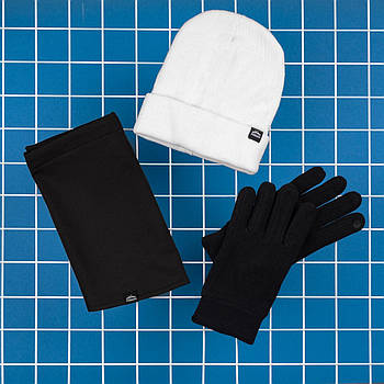 Чоловічий зимовий комплект 3в1 шапка бафф і рукавички білий із чорним
