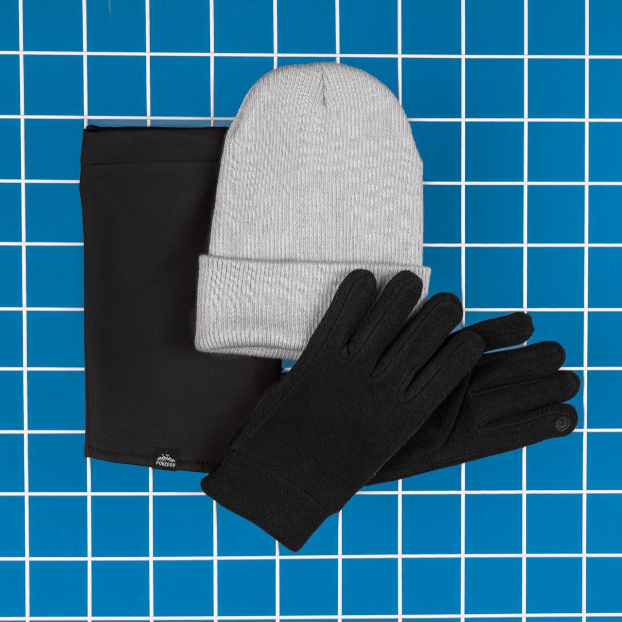 Чоловічий зимовий комплект 3в1 шапка бафф і рукавички сірий із чорним, фото 1