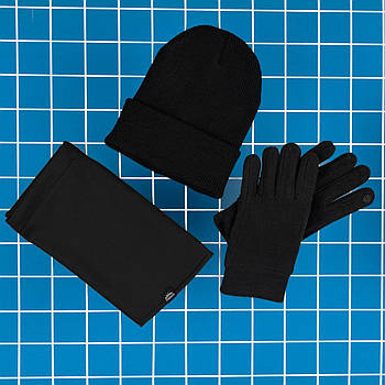 Чоловічий зимовий комплект 3в1 шапка бафф і рукавички чорний