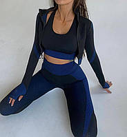 Женский костюм для фитнеса черный с синим тройка размер M