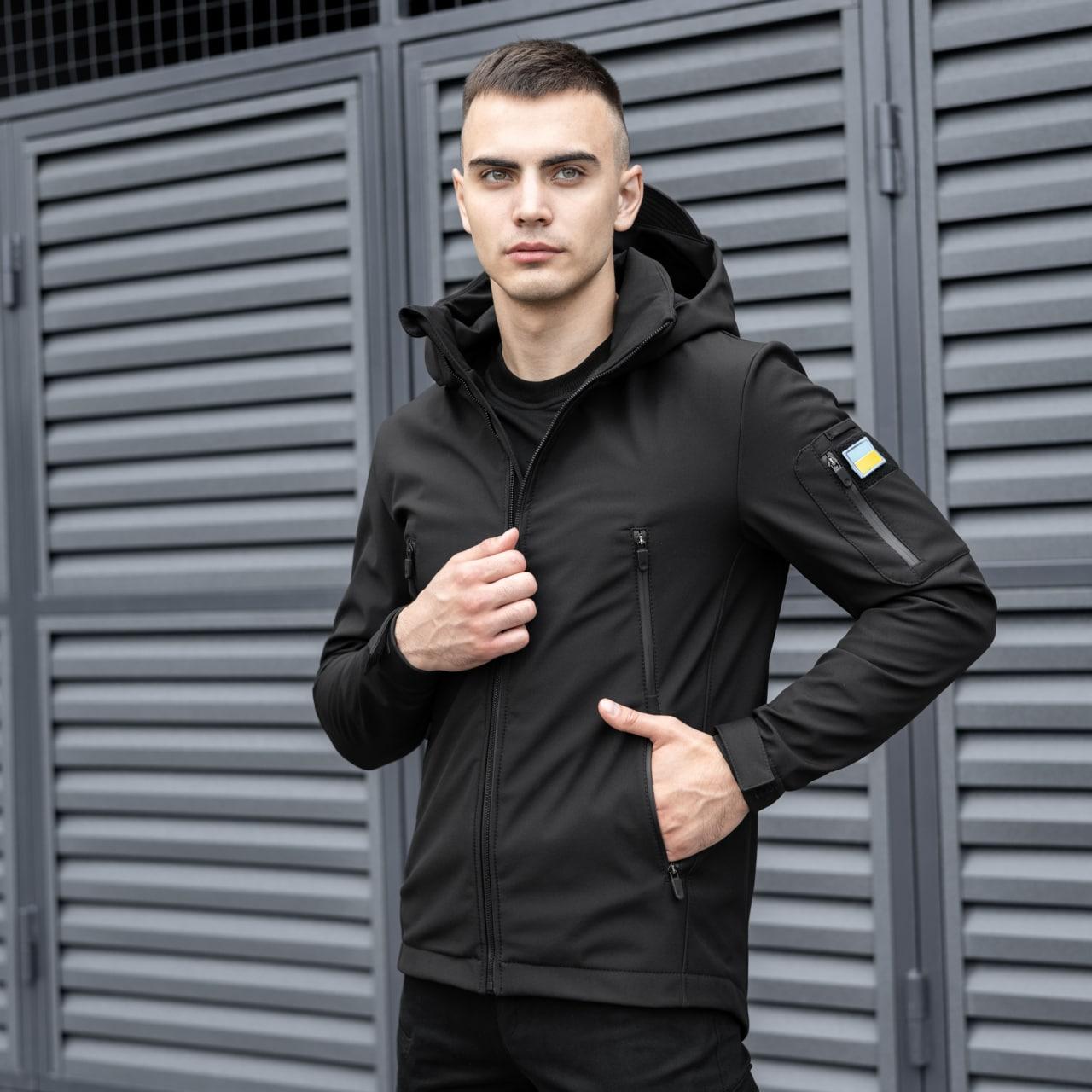 Чоловіча тактична куртка Soft Shell з капюшоном чорна осінка до -0 °C ⁇ Вітровка демісезонна на флісі