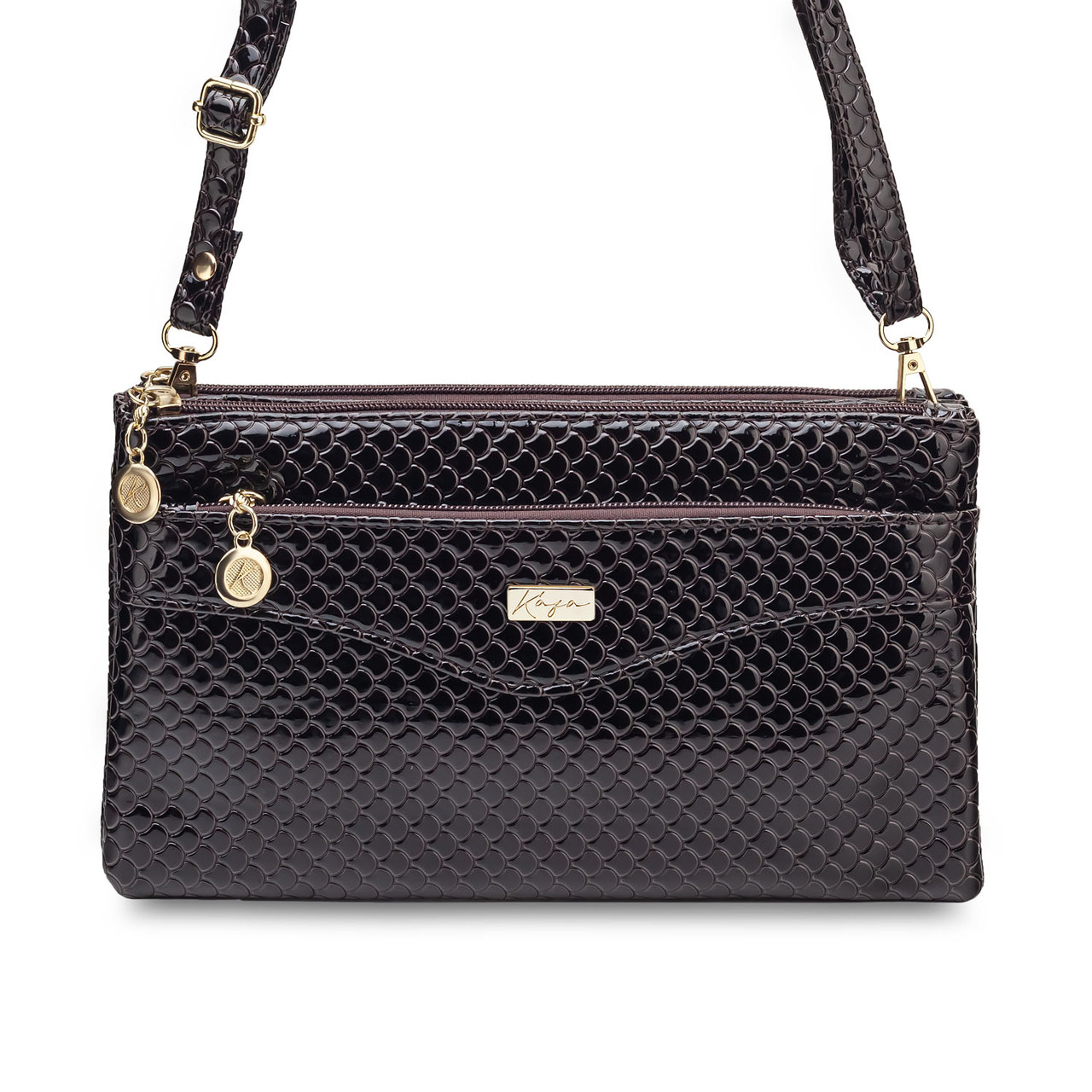 Жіноча лакова сумочка клатч через плече Kafa на блискавці темно-коричнева