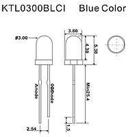 Светодиод KTL0300BLCI LED 3 mm синий/прозрачный, 2000 mcd (20mA), 60°