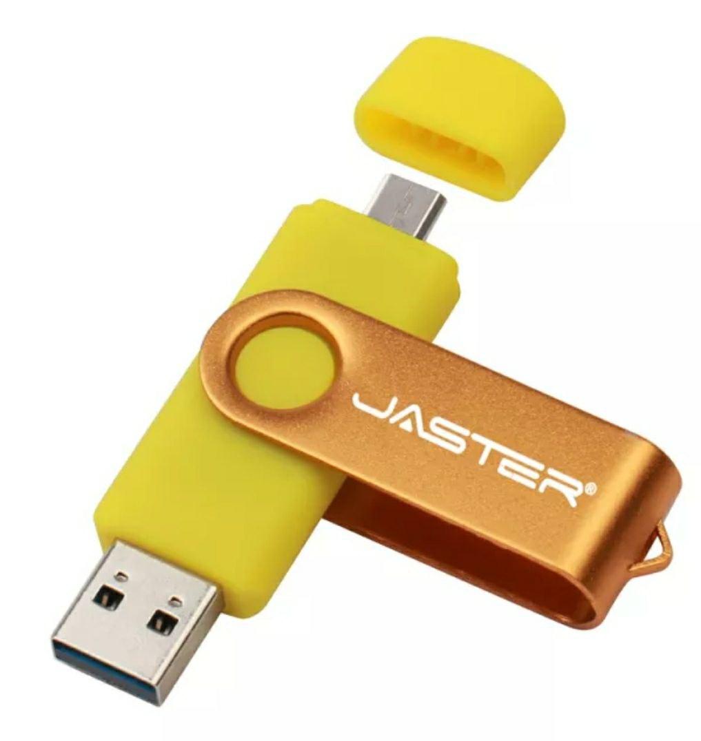 Флешка Жовта Jaster 64 Gb 2.0 OTG USB Flash Drive флешнакопичувач. двостороння флешка для ПК і телефона.