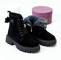 Женские замшевые ботинки молодежные модные зимние черные натуральная замша