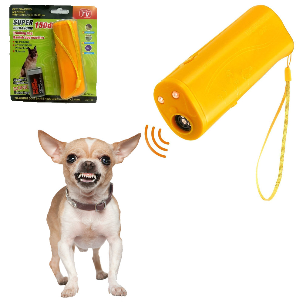 Відлякувач ультразвуковий від собак 150 DB жовтий з ліхтариком засіб для відлякування проти лаю