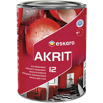 Eskaro Akrit 12, фарба для стін, що миється, напівматова біла, 0,95л, фото 1