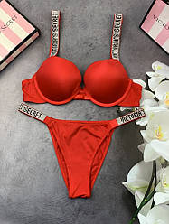 Комплект жіночий Victoria's Secret Model Rhinestone двойка топ + трусики червоний kk003