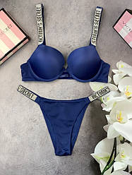 Комплект жіночий Victoria's Secret Model Rhinestone двойка топ + трусики синій kk005