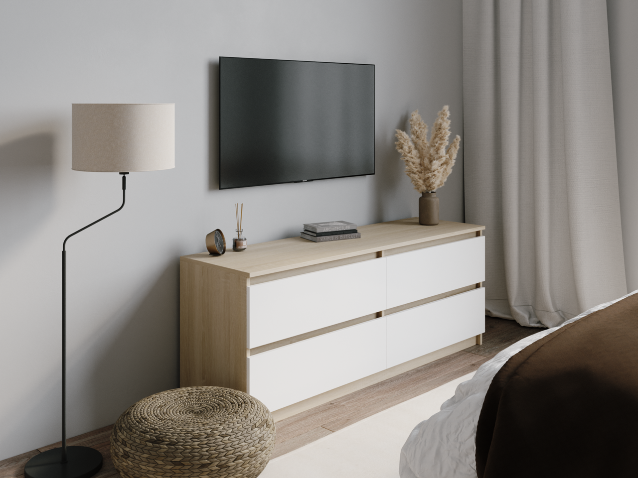 Тумба під ТV з 4 шухлядами без ручок колір дуб сонома з білим 140*53*40 см, фото 1