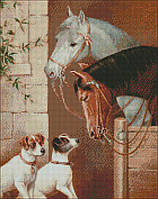 Набор Алмазная мозаика вышивка Встреча в конюшне лошади щенки на подрамнике полная выкладка 5d 40х50 см