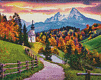 Набор Алмазная мозаика вышивка Осенняя тишина церковь горы на подрамнике полная выкладка 5d 40х50 см