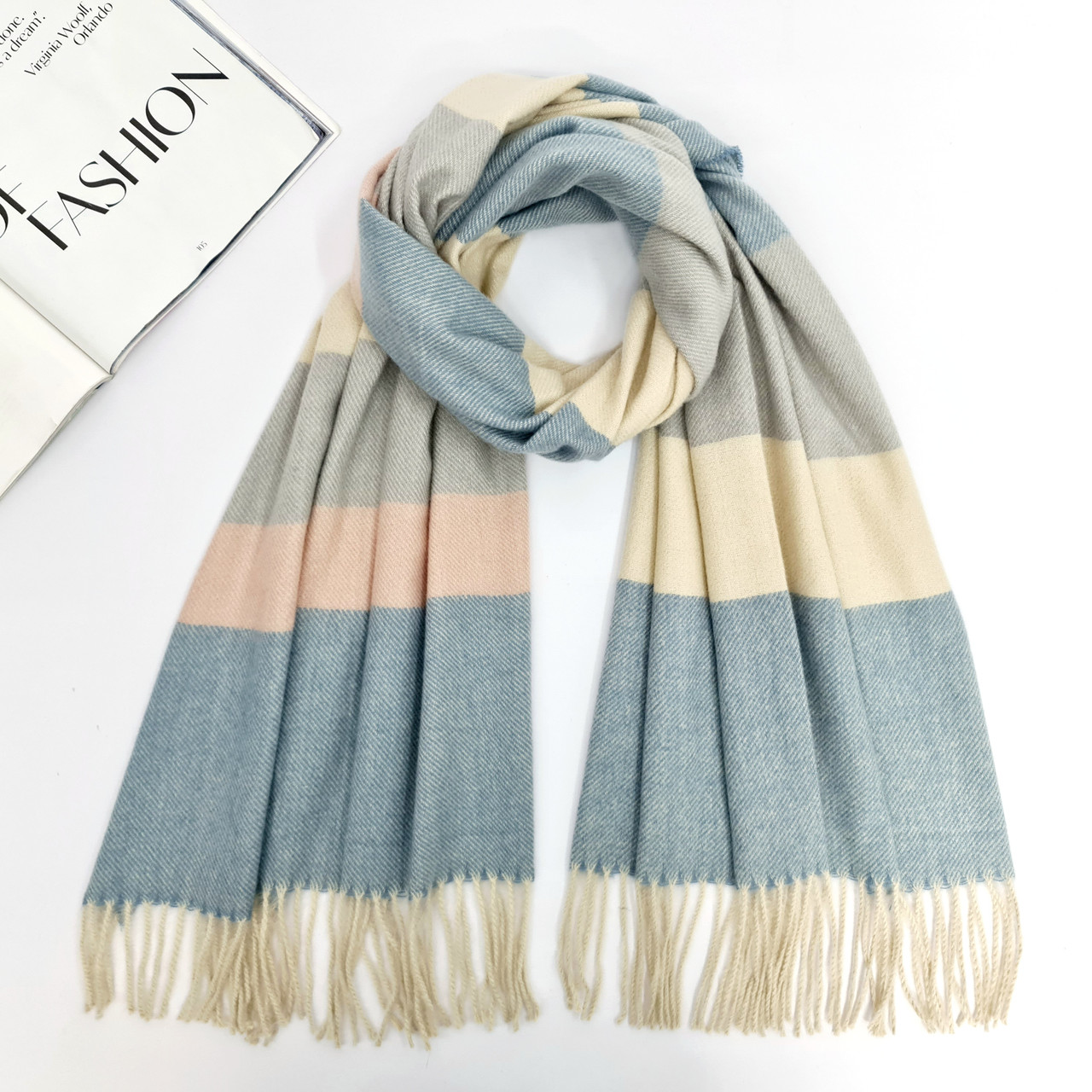 Шарф жіночий M&JJ СКАЙ-ПОЛОСКА Джинс/рожевий/бежевий 65х200 см (1129), фото 1