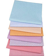 Набор ткани для пэчворка, рукоделия в пастельных тонах, горошек и полосочка - 8 отрезов сатина 40*50 см
