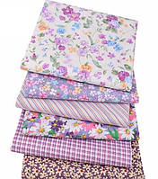 Набор ткани для пэчворка, рукоделия с цветочным орнаментом сиреневых оттенков - 6 отрезов сатина 40*50 см