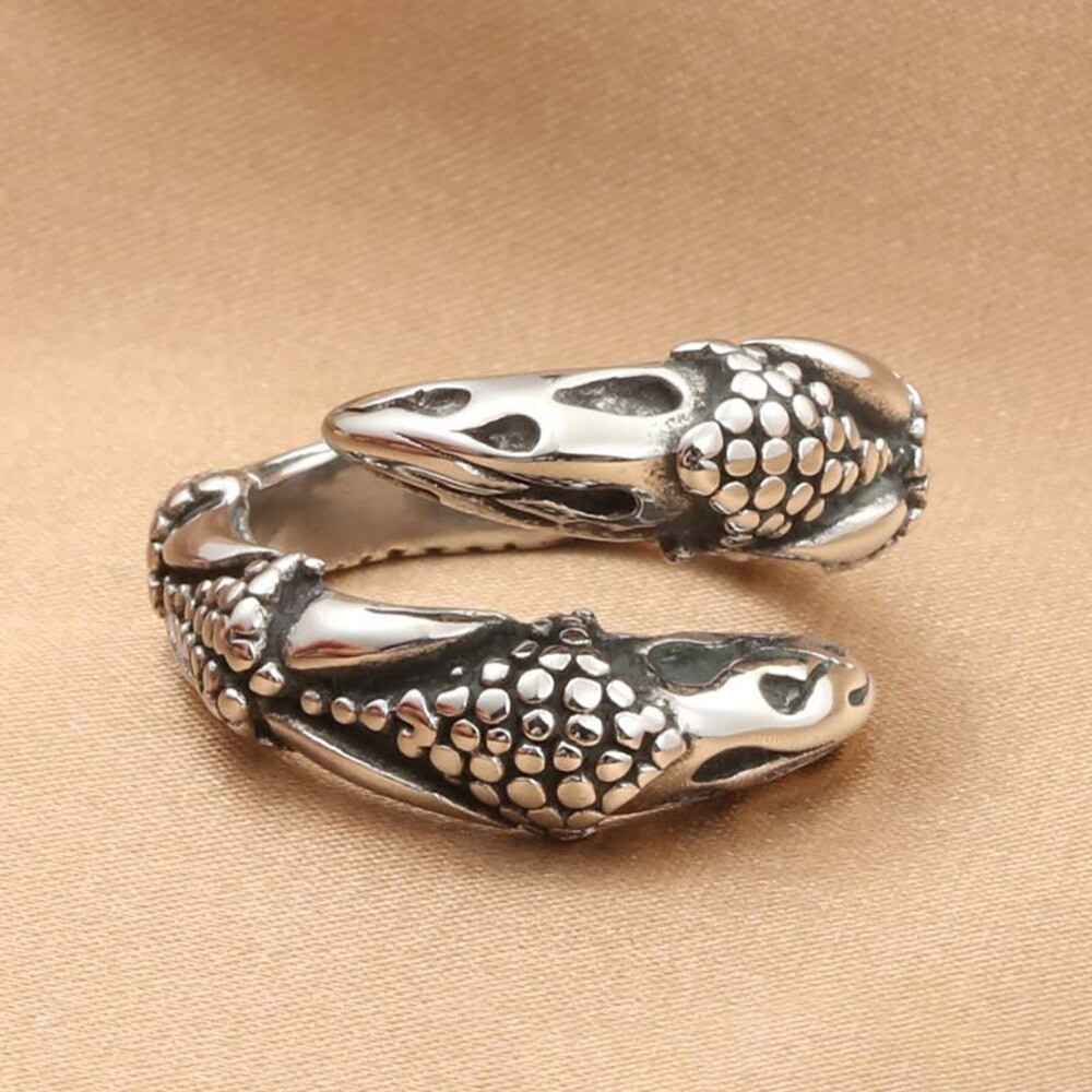 Срібляста каблучка у формі кігтів дракона два кігтя з лускою регульована DragonClaw001, фото 1