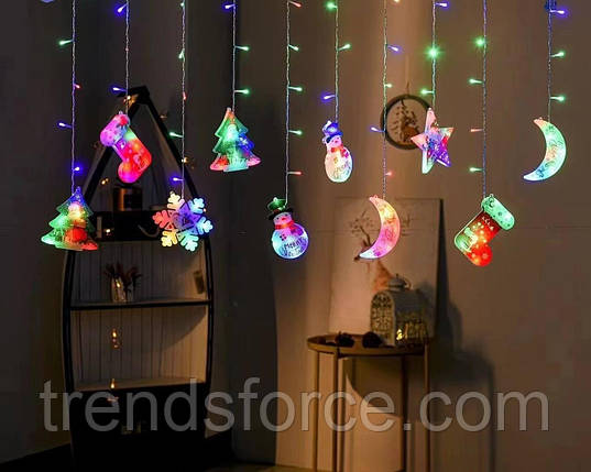 Гірлянда Штора з формами Зірка Сніговик Місяць Ялинка Сапог 10 Pcs light Кольорова 205653, фото 1