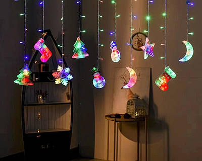 Гірлянда Штора з формами Зірка Сніговик Місяць Ялинка Сапог 10 Pcs light Кольорова 205653