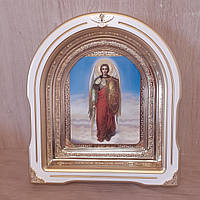 Икона Михаил святой Архангел, лик 15х18 см, в белом деревянном киоте со вставками, арка