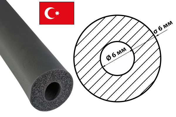 Каучукова теплоізоляція для труб товщиною ізоляції 6 мм ODE R-Flex Pipe Std трубка 6х6 мм (496м\упаковка)