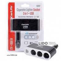 CARLIFE Разветвитель прикуривателя 3в1+USB с LED подсветкой, 12В, 5A