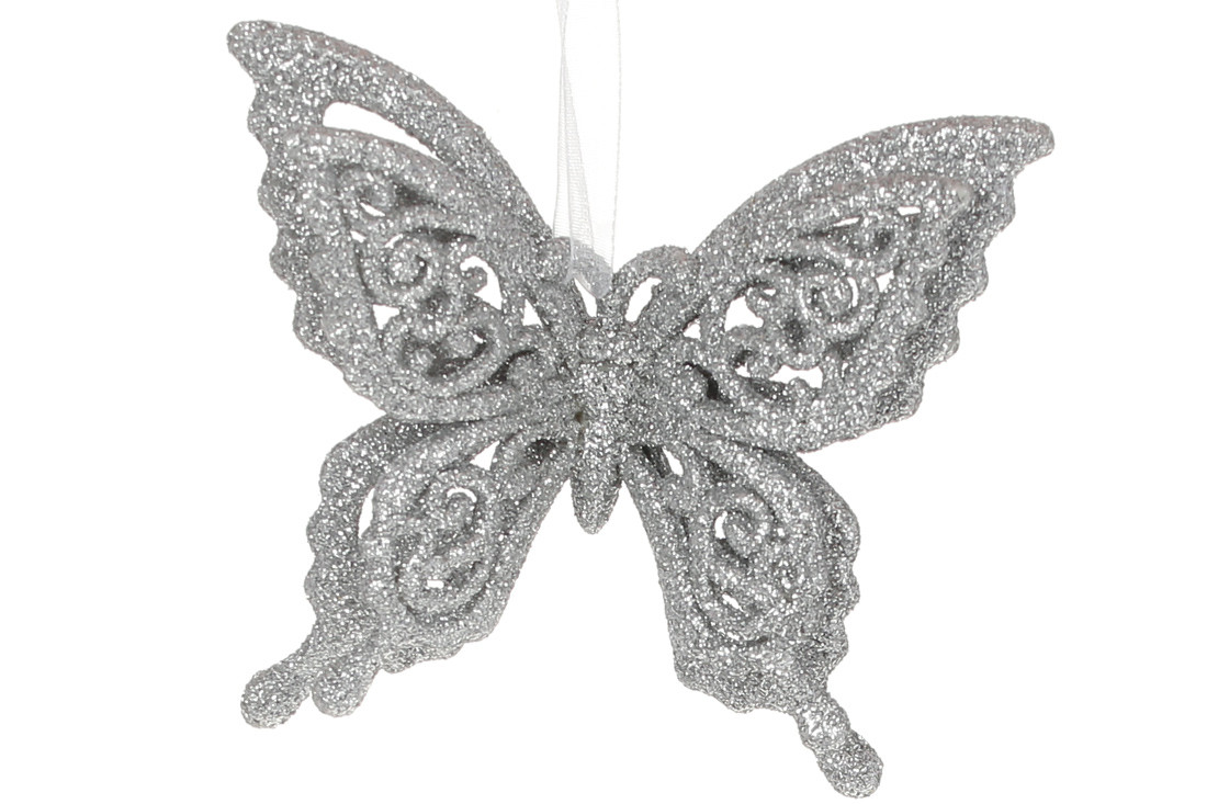 Ялинкова прикраса Метелик 8см, колір - срібло - 12 шт УПАКОВКА ТОВАР ВІД ВИРОБНИКА