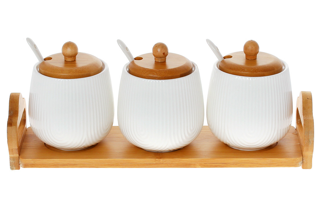 Набір банок з ложками (3 шт) 350мл для сипучих продуктів на бамбуковій підставці Naturel ТОВАР ВІД ВИРОБНИКА