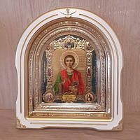 Икона Пантелеймон святой великомученик и целитель, лик 15х18 см, в белом дерев киоте со вставками, арка