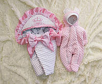 Теплый плюшевый комбинезон + конверт одеяло для новорожденных, белый с розовым