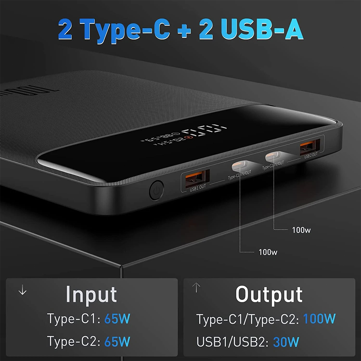 100W 5A Baseus Blade Ultra-Thin 20000mAh 2xUSB+2xType-C QC3.0 Li-Pol Черный Пластик Универсальная батарея Индикатор уровня заряда Type-C USBx2