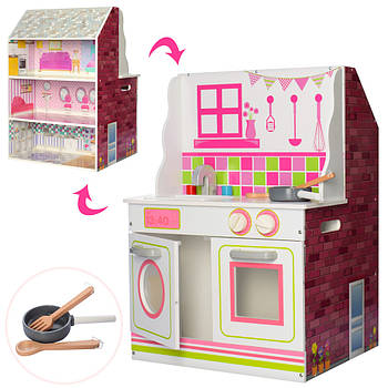 Дитяча дерев'яна іграшка Ляльковий триповерховий будиночок з кухнею та меблями MD 2666