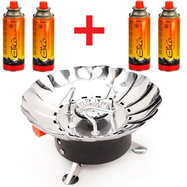 Плитка газова портативна туристична "роза вітрів" із вітрозахистом під газові балони, п'єзопідпал К-203 + 4 баллончики газу, фото 1