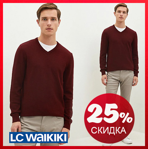 Бордовий чоловічий светр з V-подібним коміром LC Waikiki/ЛС Вайкікі