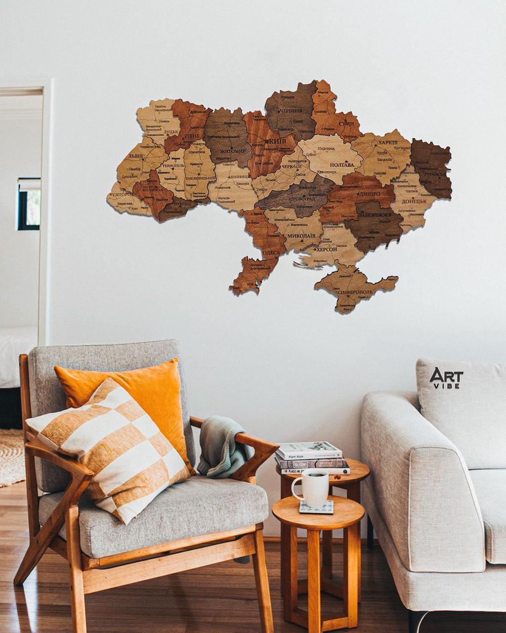 Деревянная Настенная Карта Украины Многослойная 3D в Коричневых Тонах ...