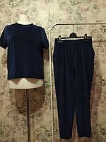 Женская Велюровая пижама футболка штаны темно-синий бархатный домашний костюм 44