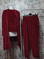 Женский Велюровый домашний комплект тройка халат футболка штаны бордовый бархатный костюм пижама 42