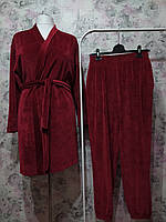 Женский Велюровый домашний комплект двойка халат штаны бордовый бархатный костюм пижама 42
