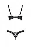Комплект з екошкіри Celine Bikini black L/XL — Passion: відкритий бра зі стрічками, стрінги зі шнурі SO6400, фото 6