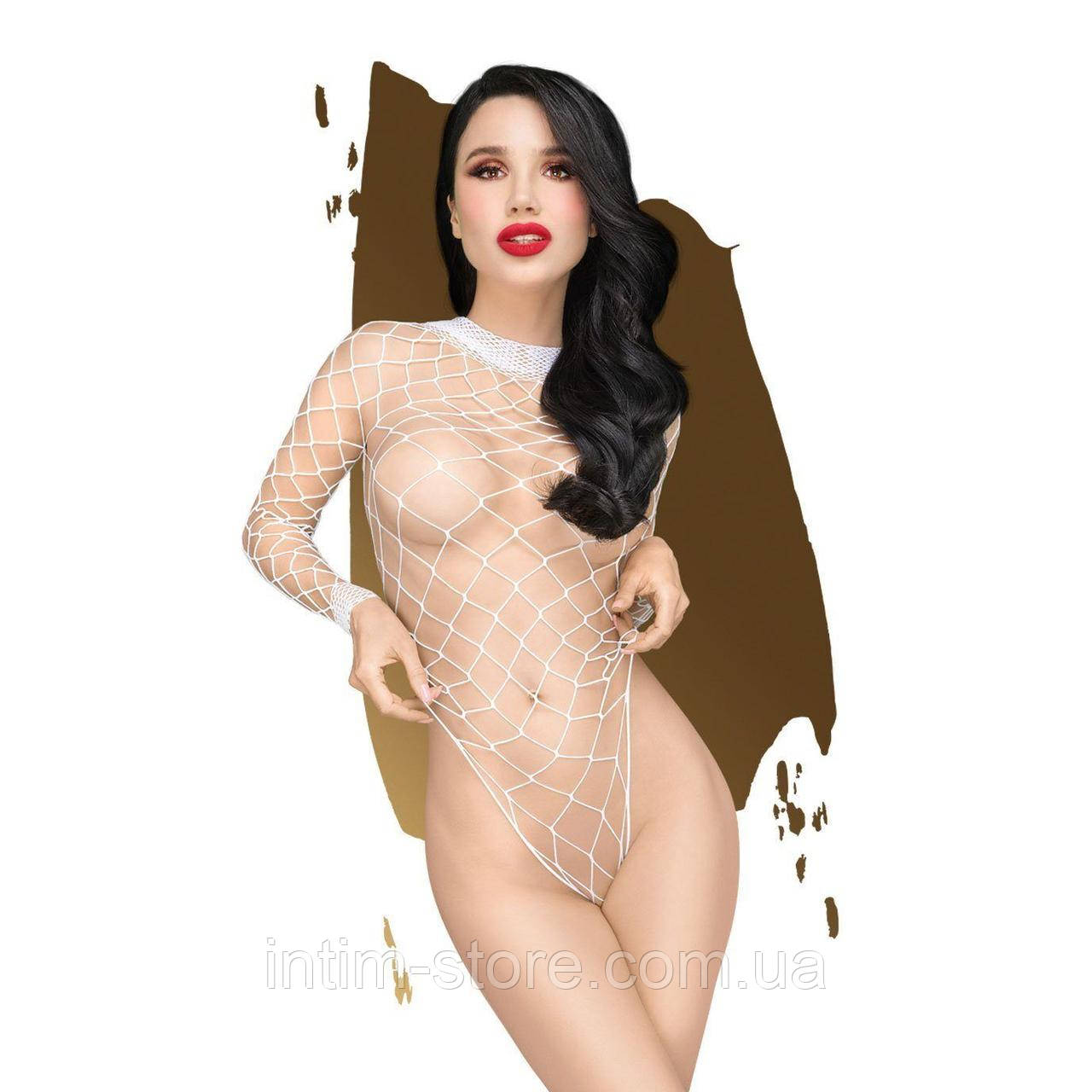 Боді Penthouse Scandalous XL White, велика сітка, високий комір, довгі рукави SO6458, фото 1