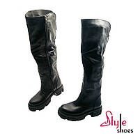 Жіночі зимові ботфорти з натуральної шкіри чорного кольору «Style Shoes», фото 4
