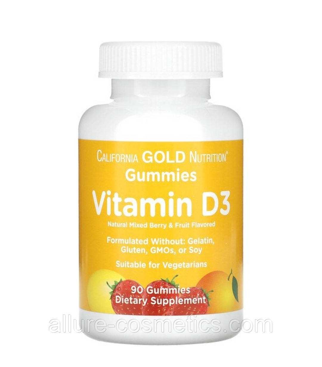 Дитячий жувальний вітамін D3 California Gold Nutrition без желатину та глютену зі смаком фруктів 90 шт. 25 мкг