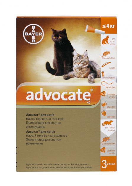 Фото - Лекарства и витамины Bayer Капли  Advocate для котов до 4 кг , (от блох, вшей, власоедов, клещей)