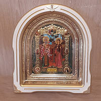 Икона Киприян Священомученик и Мученица Иустина, лик 15х18 см, в белом дерев киоте со вставками, арка