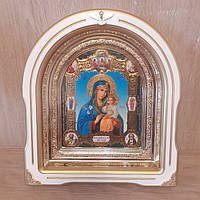 Ікона Нев'янучий Колір Пресвята Богородиця, лик 15х18 см, у білому дерев'яному кіоті зі вставками, арка