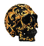 Декоративний чорний череп RESTEQ. Череп з золотими візерунками, статуя прикраса для будинку, бар, на Хеллоуїн., фото 4