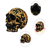 Декоративний чорний череп RESTEQ. Череп з золотими візерунками, статуя прикраса для будинку, бар, на Хеллоуїн., фото 9