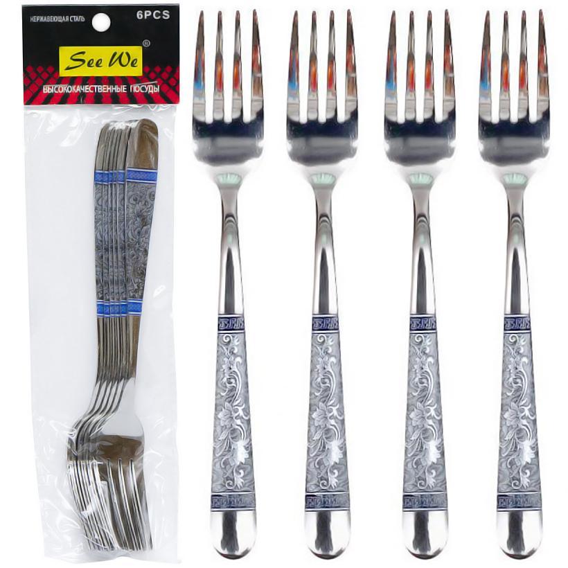 Набір металевих столових виделок 21 см Лілія синя X3-187 Кухонні вилки в упаковці 6 шт, фото 1